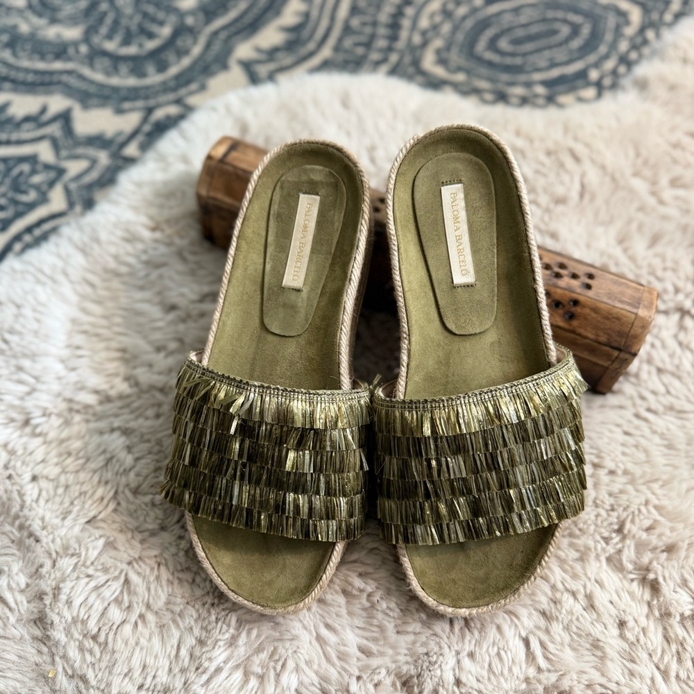 Paloma Barceló Olive Green Raffia Platform Slide Sandals - Picture 2 of 11
